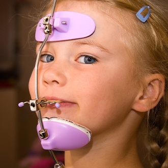 Child with headgeart dentofacial orthopedic device