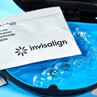 Closeup of Invisalign in Hopkinton lying in case